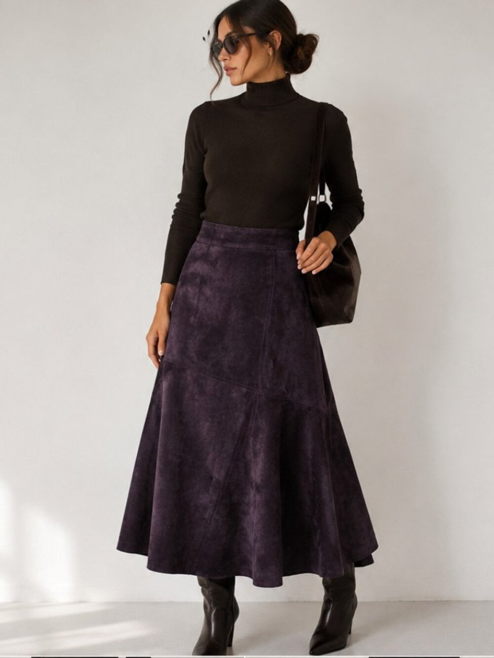 i.e. Women’s 100% Leather Suede Midi Skirt Size 16 Dark Purple A-Line